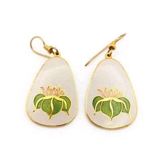 Laurel Burch Vintage Lotus Flower Enamel Dangle Drop Hook Earrings Gold Tone